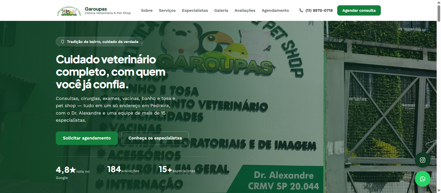 Site real da Garoupas, clínica veterinária e pet shop, aberto no navegador